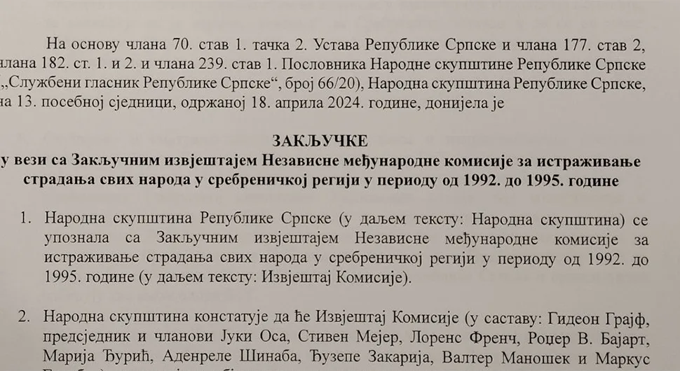 Закључци у вези са извјештајем Независне комисије за истраживање страдања свих народа у сребреничкој регији