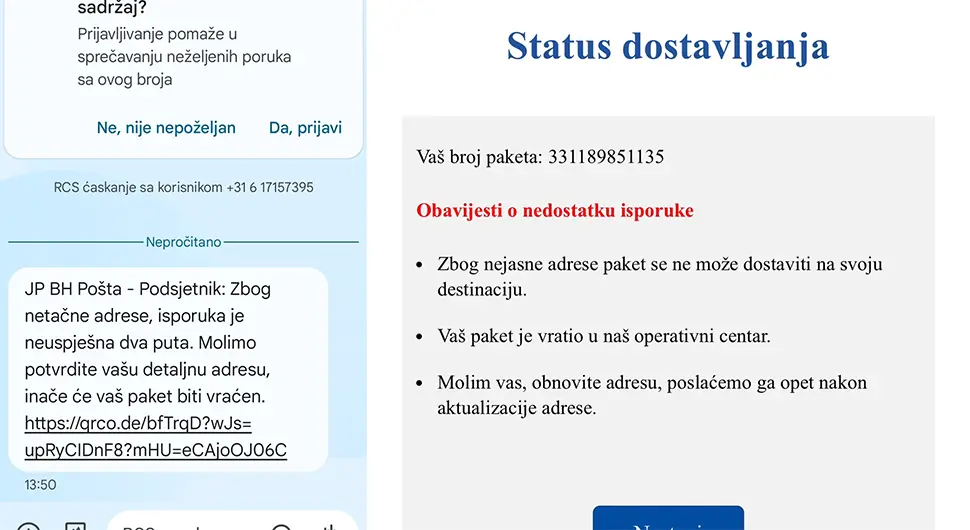 Upozorenje građanima: Prevaranti šalju lažne SMS poruke u ime BH pošte